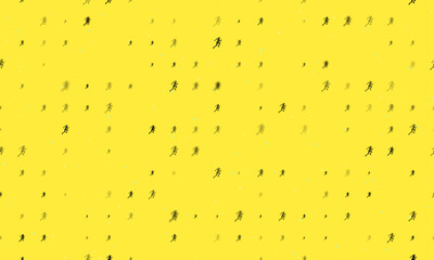 Poster - Seamless background pattern of evenly spaced black running woman symbols of different sizes and opacity. Vector illustration on yellow background with stars