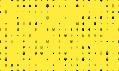 Poster - Seamless background pattern of evenly spaced black sports weight symbols of different sizes and opacity. Vector illustration on yellow background with stars