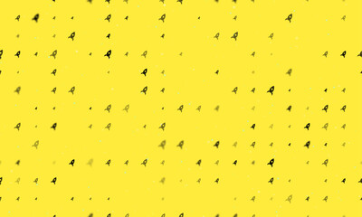 Poster - Seamless background pattern of evenly spaced black rocket symbols of different sizes and opacity. Vector illustration on yellow background with stars