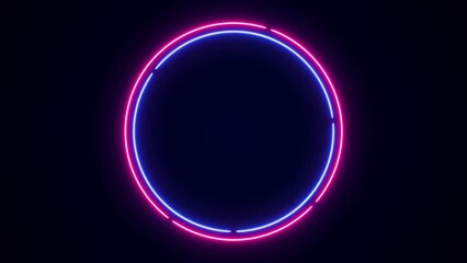 Wall Mural - Animation of blue-pink neon circle frame, ring shape, empty space, ultraviolet light, 80's retro style, fashion show stage, abstract background, illuminate frame design. Abstract cosmic vibrant