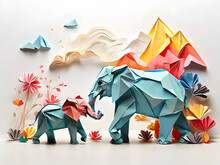 A Elephant And  Baby Elephant Origami Style Folded Paper