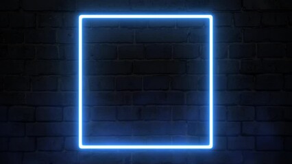 Poster - Square neon frame blue color at dark brick wall background. Glowing neon frame in retro 80s - 90s style. Colored neon sign with empty space. Futuristic Sci Fi Modern Neon with smoke or fog clouds