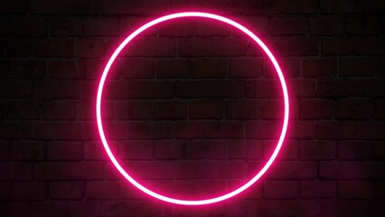 Poster - Round neon frame red color at dark brick wall background. Glowing neon frame in retro 80s - 90s style. Colored neon sign with empty space. Futuristic Sci Fi Modern Neon with smoke or fog clouds
