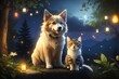 a dog and a cat as unlikely friends together dark forest green trees and lights lamps sky illustration for story book AI Generated 
