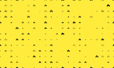 Poster - Seamless background pattern of evenly spaced black tractor icons of different sizes and opacity. Vector illustration on yellow background with stars