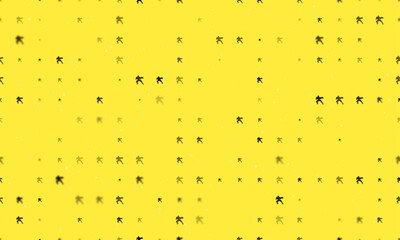 Poster - Seamless background pattern of evenly spaced black combat robots of different sizes and opacity. Vector illustration on yellow background with stars