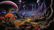 Alien flora and fauna in classic retro sci-fi style landscape