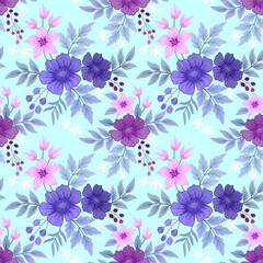 Wall Mural - Beautiful blooming flowers on blue color background seamless pattern. Can be used for fabric textile wallpaper.