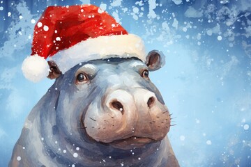 Wall Mural - Portrait of Happy Hippo animal with a red and white santa hat, Christmas scene, Winter holidays, snow background, collection Christmas animals. Front view. Generative AI