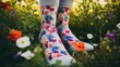 Legs of a girl in colorful socks on the background of spring flowers Generative AI