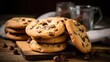 Chocolate chip cookies on a wooden background. Selective focus. Generative AI