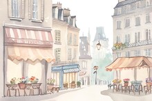 Vintage Watercolour Streets Of Paris Watercolour, Street Of Paris, Cafe De Paris, Illustration