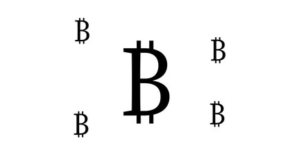 Poster - Zoom in and out animation the bitcoin symbol. Large black symbol in the center and four small symbols around. Seamless looped 4k animation on white background