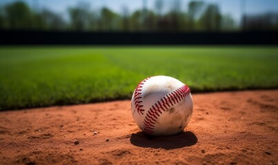 Baseball ball lying on the baseball field, concept of the beginning of the Baseball season. Generative AI