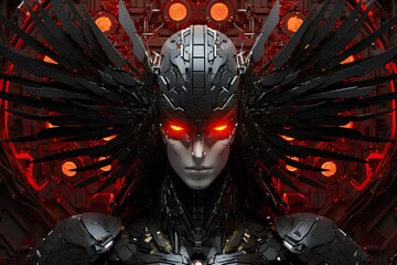 Wall Mural - mosaic portrait of robotic Valkyrie, red glowing eyes, intense expression, futuristic, halo on background, black red and grey, orthodox iconography, byzantine mosaic. generative AI