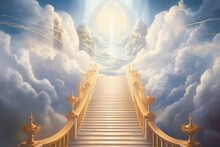 Stairway To Heaven In Glory, Gates Of Paradise, Meeting God, Symbol Of Christianity, Generative AI