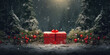 Red Christmas present on a winter forest background