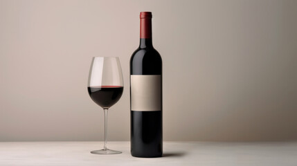 Wall Mural - Red wine bottle with a glass on a simple gray empty background