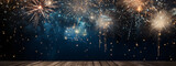 Fototapeta Fototapeta z niebem - Silvester 2024 party New year Fireworks Firework background banner panorama long - sparklers and bokeh lights on rustic black wooden texture, with space for text