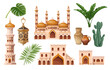 Middle East architecture and Arab culture elements set vector illustration. Cartoon isolated old house and mosque, castle and ancient building of Arab city, islamic lantern with ornament and jug