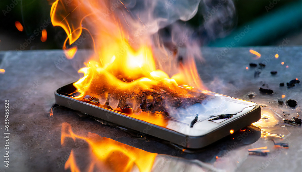 Burning smartphone exploding after overcharging battery with flames and smoke that destroy the melting smart phonewith flames and smoke that destroy the melting smart phone