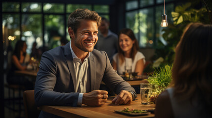 Wall Mural - Handsome man talking with his clients on the table in the restaurant