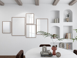 Five vertical frames mockup on japandi dining room with light reflection. 5 empty posters on white wall, modern 
gallery wall set. 3D illustration