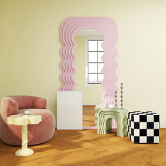 Frame mockup on wood floor in a colorful danish interior with pink mirror and armchair, side tables, checkerboard pouf. Empty poster mock up template, 3D render