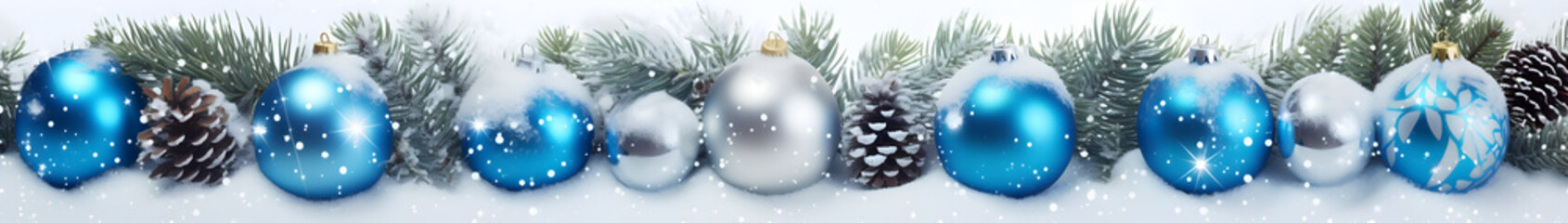 Wall Mural - blue christmas balls in a row with spruce branches covered with snow and snowfall on white backgroun