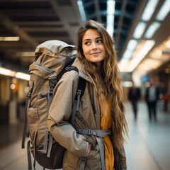 Canvas Print - A girl with a large backpack is preparing for a trip to the mountains and is standing at the airport.