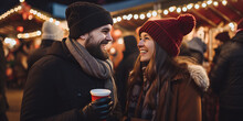 smiling couple in the city at christmas market drinking mulled wine