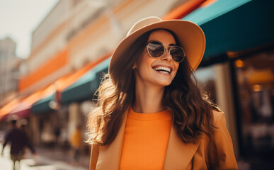 Canvas Print - young woman in sunglasses and hat smiling after shopping on the street 