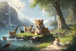 a beautiful scene of big tiger with animal in a jungle illustration for story book Ai generated 