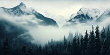 AI Generated. AI Generative. Mist Magic Snowy Mountain Range With Forest. Fog In The Morning Landscape Background Nature. Adventure Hiking Tour Promotion