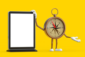 Leinwandbilder - Antique Vintage Brass Compass Cartoon Person Character Mascot with Blank Trade Show LCD Screen Display Stand as Template for Your Design. 3d Rendering