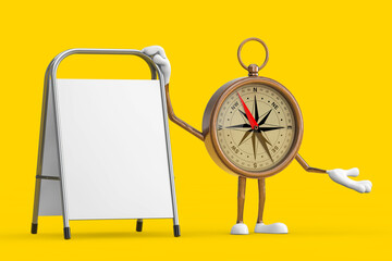Leinwandbilder - Antique Vintage Brass Compass Cartoon Person Character Mascot with White Blank Advertising Promotion Stand. 3d Rendering