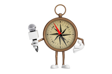 Poster - Antique Vintage Brass Compass Cartoon Person Character Mascot with Modern Chrome Microphone. 3d Rendering
