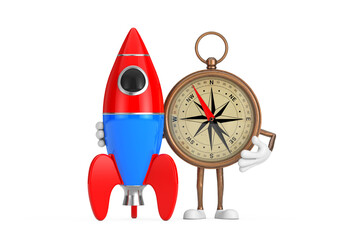 Leinwandbilder - Antique Vintage Brass Compass Cartoon Person Character Mascot with Cartoon Toy Rocket. 3d Rendering