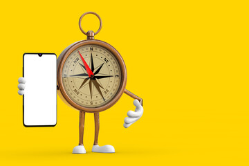 Aufkleber - Antique Vintage Brass Compass Cartoon Person Character Mascot and Modern Mobile Phone with Blank Screen for Your Design. 3d Rendering