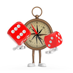 Poster - Antique Vintage Brass Compass Cartoon Person Character Mascot with Red Game Dice Cubes in Flight. 3d Rendering