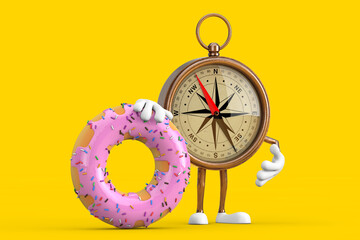 Poster - Antique Vintage Brass Compass Cartoon Person Character Mascot with Big Strawberry Pink Glazed Donut. 3d Rendering
