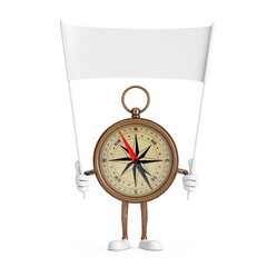 Leinwandbilder - Antique Vintage Brass Compass Cartoon Person Character Mascot  and Empty White Blank Banner with Free Space for Your Design. 3d Rendering
