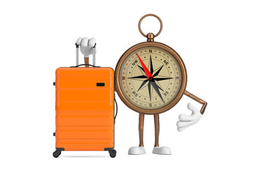 Aufkleber - Antique Vintage Brass Compass Cartoon Person Character Mascot with Orange Travel Suitcase. 3d Rendering