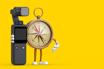 Poster - Antique Vintage Brass Compass Cartoon Person Character Mascot with Pocket Gimbal Action Camera. 3d Rendering