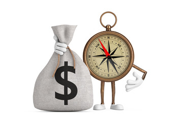 Poster - Antique Vintage Brass Compass Cartoon Person Character Mascot and Tied Rustic Canvas Linen Money Sack or Money Bag with Dollar Sign. 3d Rendering
