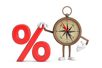 Aufkleber - Antique Vintage Brass Compass Cartoon Person Character Mascot with Red Retail Percent Sale or Discount Sign. 3d Rendering