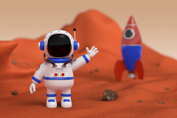 Poster - Cute Cartoon Mascot Astronaut Character Person Waving Hand near Rocket on Mars. 3d Rendering