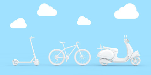 Poster - White Modern Eco Electric Kick Scooter, White Mountain Bike and White Classic Vintage Retro or Electric Scooter in Clay Style. 3d Rendering