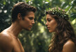 Adam and Eve in paradise. Religious biblical concept.
