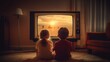 © GulArt - Two kids boy and girl sitting on a floor and watching retro television in an old style room, back view